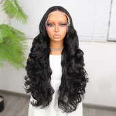 Gür Yoğun Su Dalgalı Siyah Fiber Sentetik Uzun Tül Peruk thumbnail 1