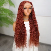 Afro Dalga Koyu Bakır Fiber Sentetik T Tül Peruk thumbnail 2