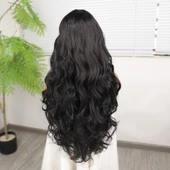 Gür Yoğun Su Dalgalı Siyah Fiber Sentetik Uzun Tül Peruk thumbnail 4
