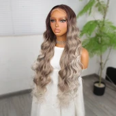 Rus Kumralı Beyaz Platin Ombreli Işıltılı Ekstra Uzun Fiber Sentetik Dalgalı Tül Peruk thumbnail 3