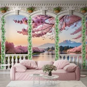 Pembe Ağaç ve Nehir Sutun Duvar Kağıdı Baskı - 1