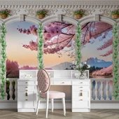 Pembe Ağaç ve Nehir Sutun Duvar Kağıdı Baskı - 4