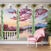 Pembe Ağaç ve Nehir Sutun Duvar Kağıdı Baskı - 6