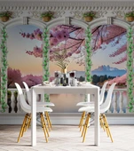 Pembe Ağaç ve Nehir Sutun Duvar Kağıdı Baskı - 5