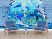 3 Boyutlu Akvaryum ve Yunus Balığı Duvar Kağıdı Baskı thumbnail 6