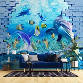 3 Boyutlu Akvaryum ve Yunus Balığı Duvar Kağıdı Baskı thumbnail 1