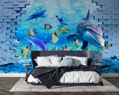 3 Boyutlu Akvaryum ve Yunus Balığı Duvar Kağıdı Baskı thumbnail 2