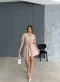 ÖRGÜ KEMERLİ ÖNDEN DÜĞMELİ KISA ELBİSE - Bej thumbnail 1