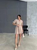 ÖRGÜ KEMERLİ ÖNDEN DÜĞMELİ KISA ELBİSE - Bej thumbnail 3
