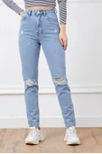 Yüksek bel yırtmaçlı mom jean pantolon - 1