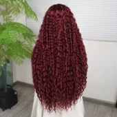 Afro Dalga Koyu Kızıl Fiber Sentetik T Tül Peruk - 4