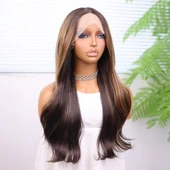 Kahve Karamel Işıltılı Düz Fiber Sentetik Tül Peruk thumbnail 2