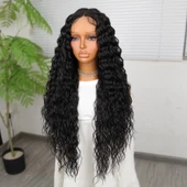 Ekstra Uzun Yoğun Afro Dalga Siyah Fiber Sentetik Geniş T Tül Peruk thumbnail 3