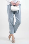 Bayan Kot Pantolon Bel Lastikli Mom Jeans Açık Mavi - 1