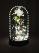 Hediye Sonsuzluk Gülü Ledli Fanus İçerisinde İnci Desenli Özel Tasarım Teraryum Gül - 4