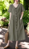 Tasarım Keten Günlük Rahat V Yaka Beli Büzgü Detaylı Düğmeli Elbise thumbnail 1