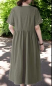 Tasarım Keten Günlük Rahat V Yaka Beli Büzgü Detaylı Düğmeli Elbise thumbnail 2
