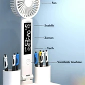 Monozone Çok Fonksiyonlu Fanlı Masa Lambası Saat+Tarih+Derece+Kalemlik+Telefon Stand Şarjlı Lamba - 5