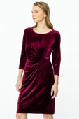 Ekol Kadın Midi Kadife Elbise - 3/4 Kol, Minimalist, Özel Gün thumbnail 5