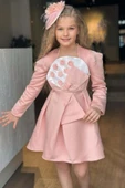 Kız Çocuk Kare Yaka Göğsü Pano Çiçek Asimetrik Kesim Pembe Elbise thumbnail 4