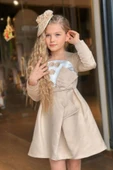 Kız Çocuk Kare Yaka Göğsü Pano Çiçek Asimetrik Kesim Krem Elbise thumbnail 1