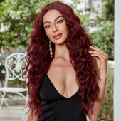 Koyu Kızıl Su Dalgalı Fiber Sentetik Tül Peruk thumbnail 4