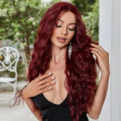Koyu Kızıl Su Dalgalı Fiber Sentetik Tül Peruk thumbnail 5