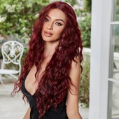 Koyu Kızıl Su Dalgalı Fiber Sentetik Tül Peruk thumbnail 1