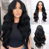 Uzun Siyah Su Dalgalı Fiber Sentetik Tül Peruk thumbnail 6