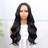 Uzun Siyah Su Dalgalı Fiber Sentetik Tül Peruk thumbnail 5