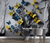 Sarı ve Lacivert Kelebek Duvar Kağıdı Baskı thumbnail 4