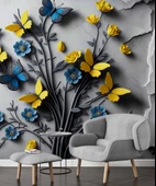 Sarı ve Lacivert Kelebek Duvar Kağıdı Baskı thumbnail 6