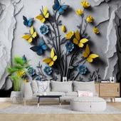 Sarı ve Lacivert Kelebek Duvar Kağıdı Baskı thumbnail 1