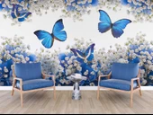 Mavi Beyaz Çiçek ve Kelebek Duvar Kağıdı Baskı thumbnail 6