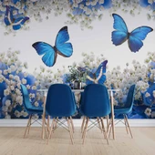 Mavi Beyaz Çiçek ve Kelebek Duvar Kağıdı Baskı thumbnail 5