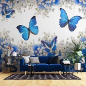 Mavi Beyaz Çiçek ve Kelebek Duvar Kağıdı Baskı thumbnail 1