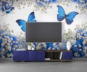 Mavi Beyaz Çiçek ve Kelebek Duvar Kağıdı Baskı thumbnail 3