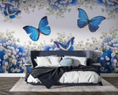 Mavi Beyaz Çiçek ve Kelebek Duvar Kağıdı Baskı thumbnail 2