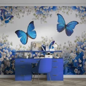 Mavi Beyaz Çiçek ve Kelebek Duvar Kağıdı Baskı thumbnail 4