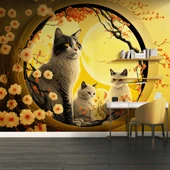 Çiçek ve Kediler Duvar Kağıdı Baskı thumbnail 3