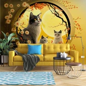 Çiçek ve Kediler Duvar Kağıdı Baskı thumbnail 1