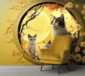 Çiçek ve Kediler Duvar Kağıdı Baskı thumbnail 4