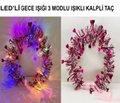 Kalp Püsküllü Gece Parıltısı 3 Modlu Led39li Işıklı Taç Fuşya Renk - 1