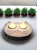 Mavi Kedi Şekilli Beton Mumluk - El Yapımı Dekoratif Çay Işığı tealight Mumluk - Minimalist Kedi Temalı Ev Dekoru- Aromaterapi - 3