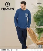 Pijamoni Erkek Pamuklu Bisiklet Yaka Uzun Kol İnce Pijama Takımı 6150/6 - 1 Adet  L Mavi - 2