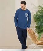 Pijamoni Erkek Pamuklu Bisiklet Yaka Uzun Kol İnce Pijama Takımı 6150/6 - 1 Adet  XL Mavi - 1