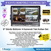 9 Inç Dörde Bölünür Kayıtlı 256Gb Sd Destekli 4 Kameralı 720P Ahd 4 Pin Soketli Tak Kullan Kamera Seti - 2