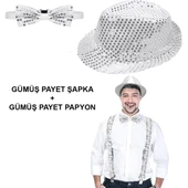 Gümüş Payetli Şapka ve Papyon Seti – Parıltılı Yetişkin Kostüm Seti thumbnail 1
