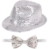 Gümüş Payetli Şapka ve Papyon Seti – Parıltılı Yetişkin Kostüm Seti thumbnail 2