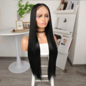 Siyah Ekstra Uzun Fiber Sentetik Düz Tül Peruk thumbnail 3